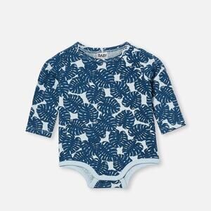 Cotton On Long Sleeve Bubbysuit Frosty Blue Tropical Leaves Size 0-3 Months